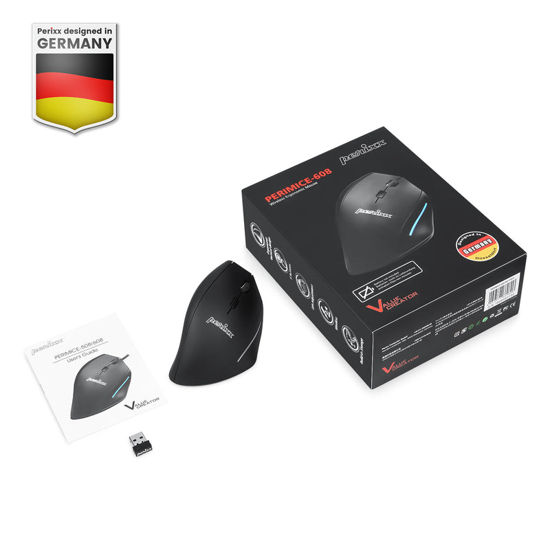 PERIMICE-608 - Wireless Ergonomic Vertical Mouse Programmable Buttons with package and user manual.