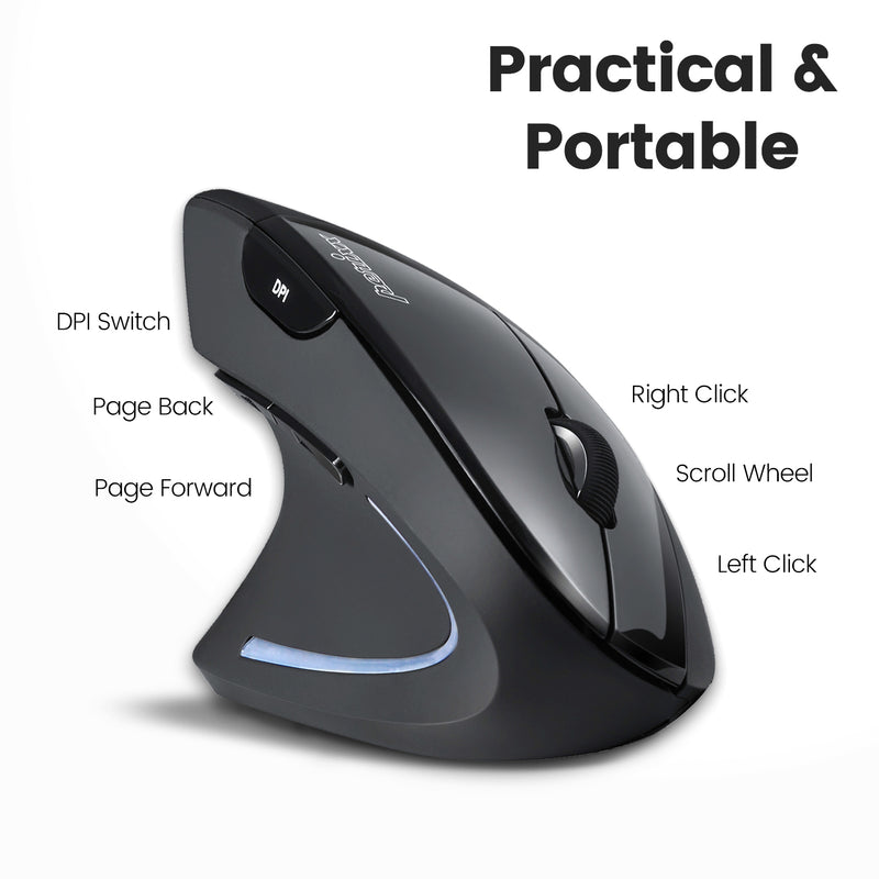 PERIMICE-713 L - Left-handed Wireless Ergonomic Vertical Mouse with 6 buttons including dpi switch and scroll wheel is practical and portable.