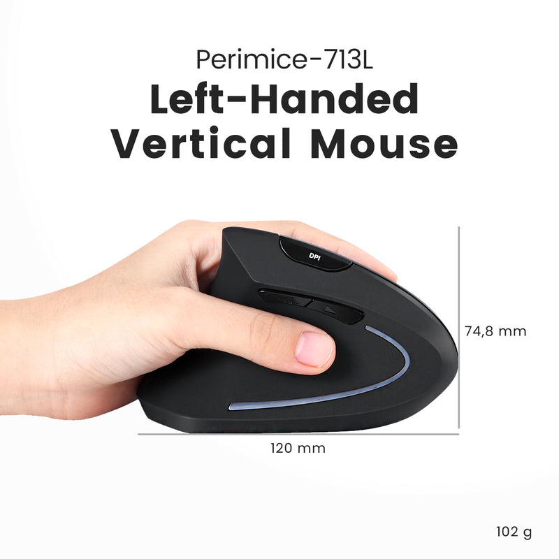 PERIMICE-713 L - Left-handed Wireless Ergonomic Vertical Mouse. 102g. 12 x 7.48 cm.