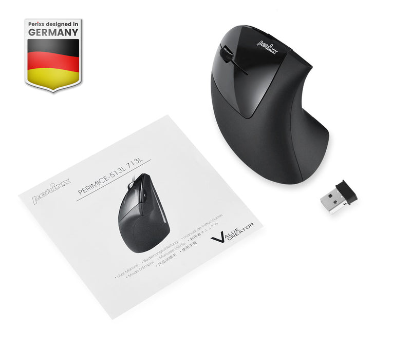 PERIMICE-713 L - Left-handed Wireless Ergonomic Vertical Mouse with package and user manual