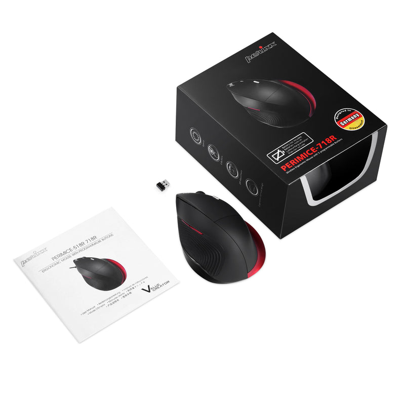 PERIMICE-718R – Wireless Ergonomic Vertical Mouse: Package and user manual.