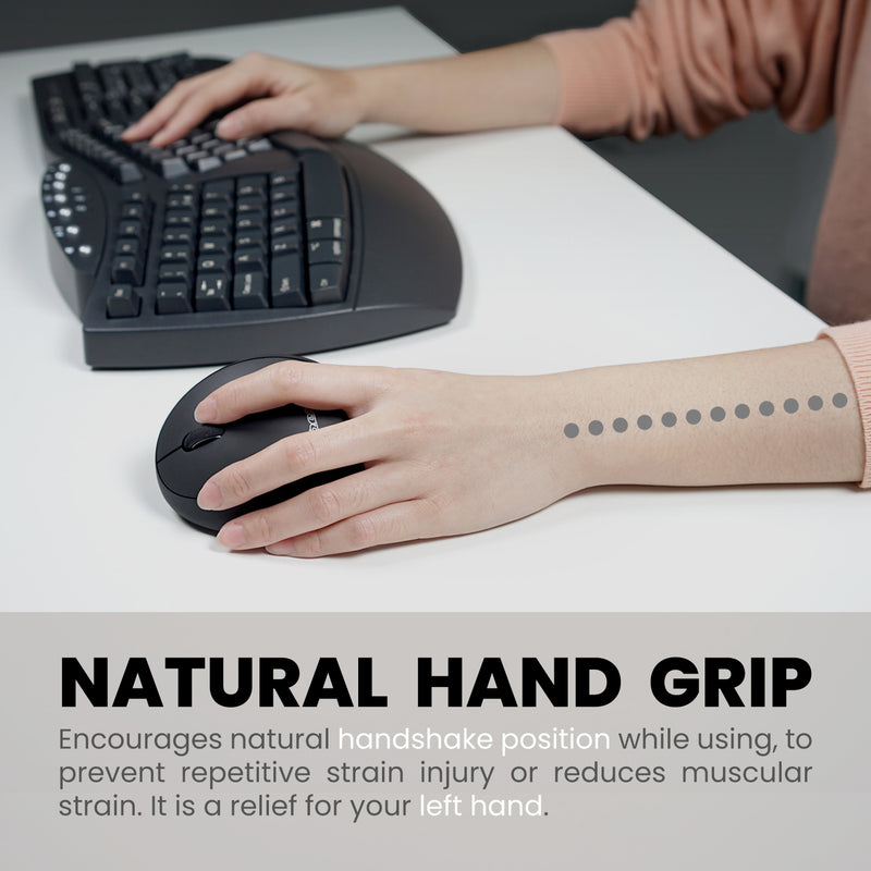 PERIMICE-719L - Left-handed Wireless Ergonomic Mouse Smaller Hand Size Silent Click. Natural hand grip: Encourages natural handshake position while using, to prevent repetitive strain injury or reduce muscular strain. It's a relief for your left hand.