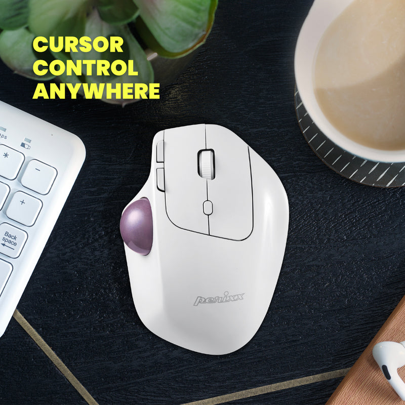 PERIMICE-720 W - Wireless Bluetooth White Ergonomic Vertical Trackball Mouse. Cursor, Control, Anywhere.