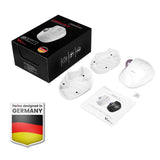 PERIMICE-720 W - Wireless Bluetooth White Ergonomic Vertical Trackball Mouse with package and user manual.